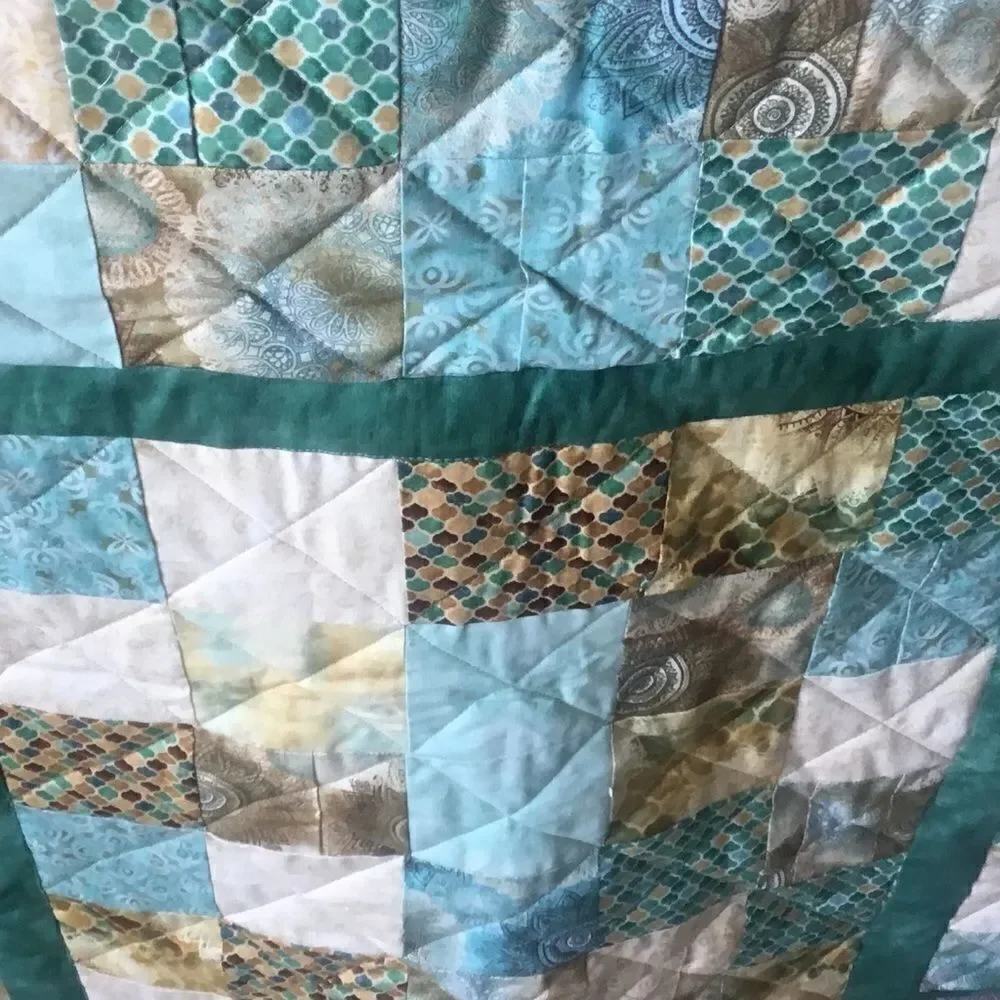 NWT Hand Crafted Quilt in Teals and Tans